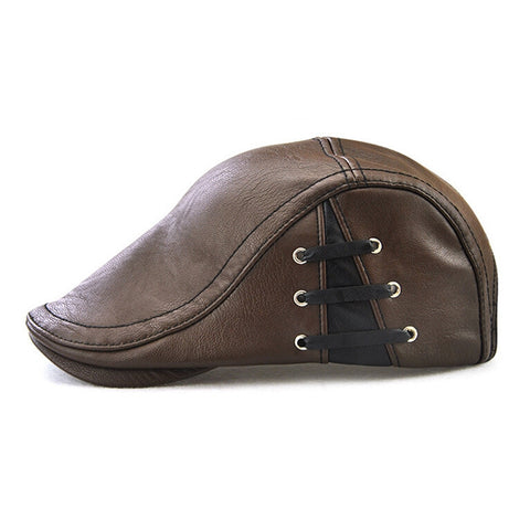 Men's Flat Cap Vintage PU Leather Newsboy Cap Flat Golf Driving Hunting Hat