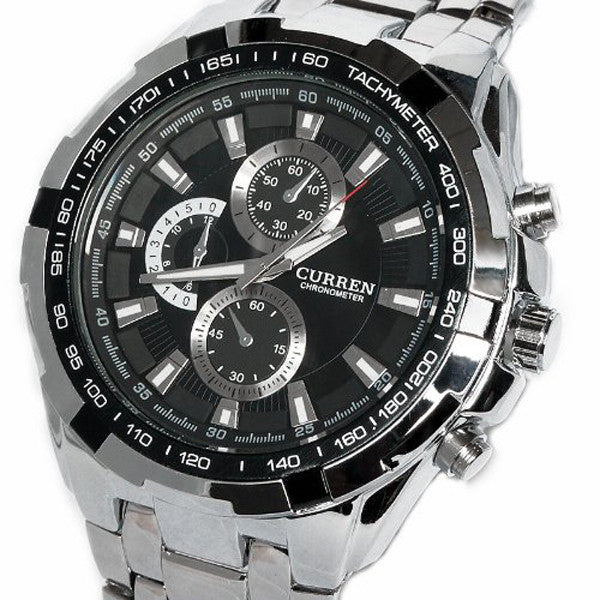 CURREN 8023 Waterproof Men's Round Dial Stainless Steel Band Quartz Wrist Watch with Paper Package Box (Silver+Black)