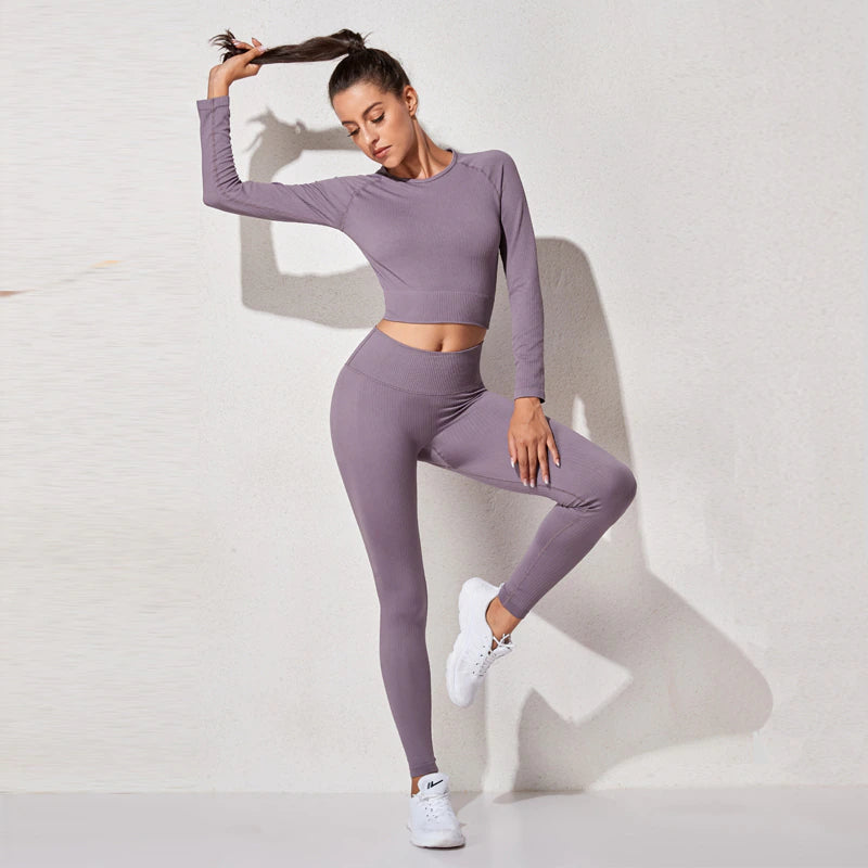 Women Sportswear Yoga Set Workout Clothes Athletic Wear Sports Gym Legging Seamless Fitness Bra Crop Top Long Sleeve Yoga Suit