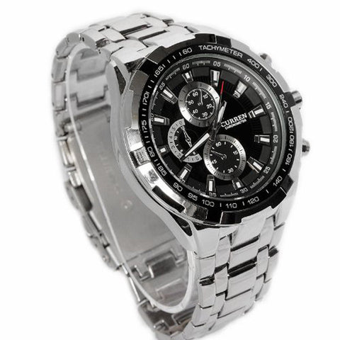 CURREN 8023 Waterproof Men's Round Dial Stainless Steel Band Quartz Wrist Watch with Paper Package Box (Silver+Black)