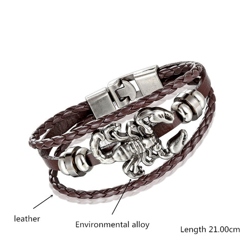 2020 New Handmade Retro Woven Charm Leather Bracelet Men Vintage Multilayer Bangles Scorpion Men Jewelry Pulseira Feminina TZ611