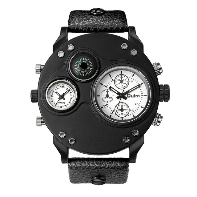 Oulm Unique New Sport Watches for Men Luxury Brand Casual PU Leather Military Watch Male Decorative Compass Quartz Clock Man