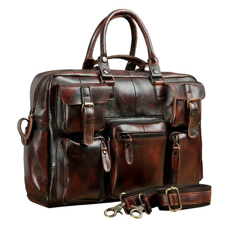 Men Real Leather Antique Large Capacity Travel Briefcase Business 15.6&quot; Laptop Case Attache Messenger Bag Portfolio 3061-b