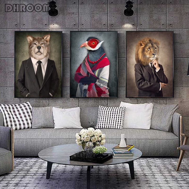 Canvas Painting Animals In Cloth Retro Style Wall Art Lion Wears A Suit Poster Wolf Elephant Print Picture for Living Room Decor