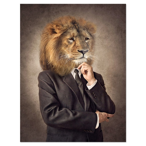 Canvas Painting Animals In Cloth Retro Style Wall Art Lion Wears A Suit Poster Wolf Elephant Print Picture for Living Room Decor