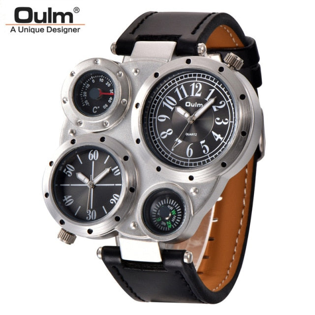 Oulm Male Watch Decorated Thermometer Compass Unique Designer Luxury Brand Men&#39;s Sport Watches Two Time Zone Men Wristwatch