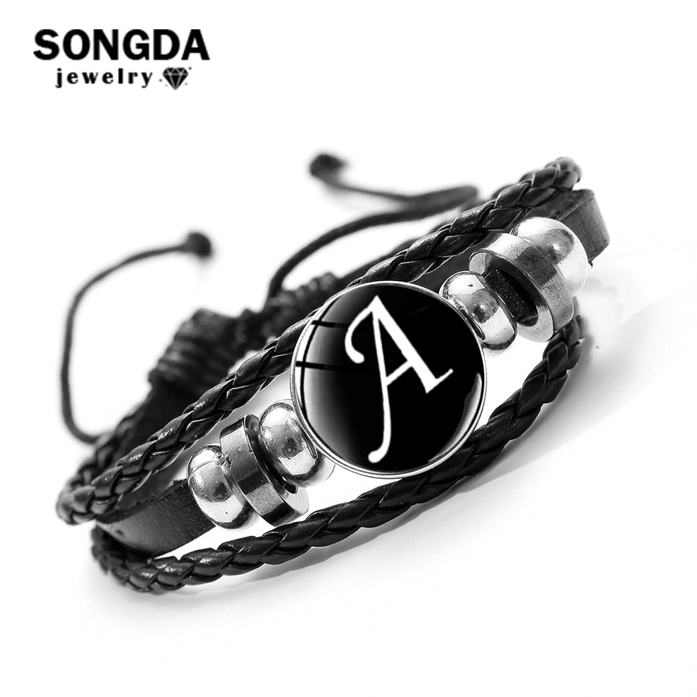 SONGDA 26 Letter A-Z Glass Snap Metal Bead Bracelet ID Name Friendship Black Braided Leather Bracelet Men Women Kids Family Gift