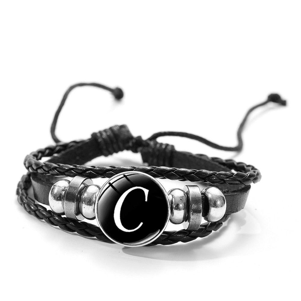 SONGDA 26 Letter A-Z Glass Snap Metal Bead Bracelet ID Name Friendship Black Braided Leather Bracelet Men Women Kids Family Gift