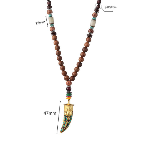 Unisex Handmade Necklace Nepal Buddhist Mala Wood Beads Pendant & Necklace Ethnic Fish Horn Long Statement Men Women's Jewelry