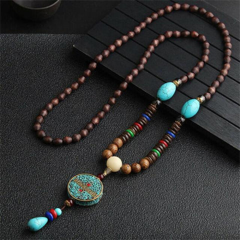 Unisex Handmade Necklace Nepal Buddhist Mala Wood Beads Pendant & Necklace Ethnic Fish Horn Long Statement Men Women's Jewelry