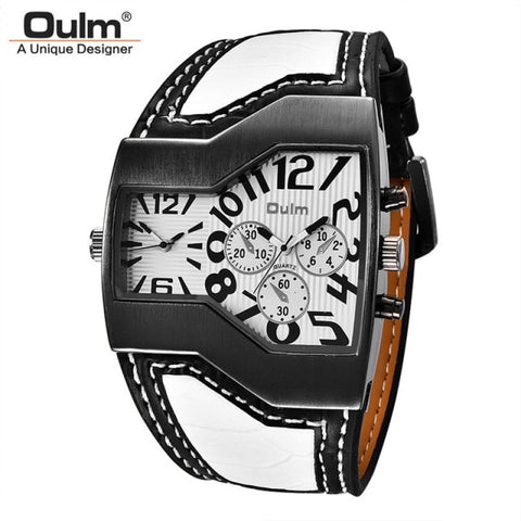 Oulm Classic Style Two Time Zone Men&#39;s Watches PU Leather Wristwatch Male Quartz Clock Casual Man Hours relogio masculino