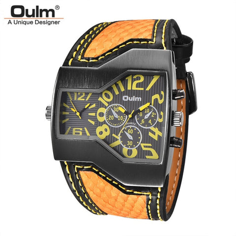 Oulm Classic Style Two Time Zone Men&#39;s Watches PU Leather Wristwatch Male Quartz Clock Casual Man Hours relogio masculino