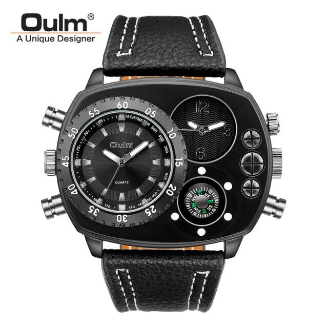 Oulm Casual Genuine Leather Strap Watches Men Luxury Two Time Zone Quartz Clock Large Dial Male Sport Wristwatch