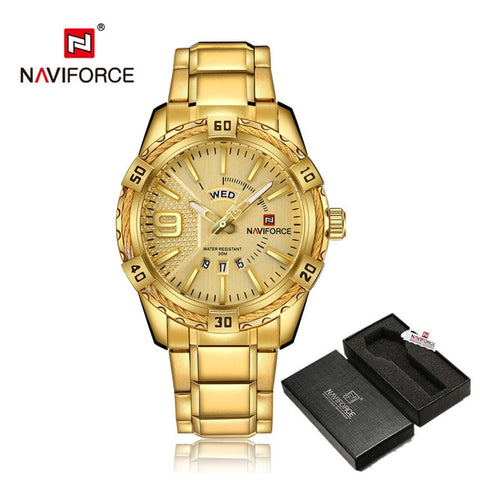 NAVIFORCE Luxury Brand Mens Sport Watch Gold Full Steel Quartz Watches Men Date Waterproof Military Clock Man relogio masculino