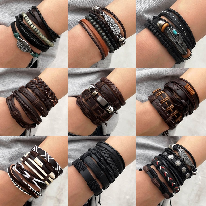 4PCS/SET Vintage Leaf Pendant Rice Beads Adjustable Rope Chain Bracelet Punk Braided Wrap Wristbands For Men Fashion Jewelry