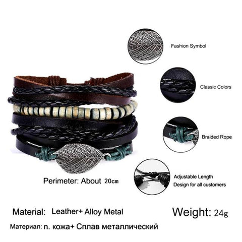 4PCS/SET Vintage Leaf Pendant Rice Beads Adjustable Rope Chain Bracelet Punk Braided Wrap Wristbands For Men Fashion Jewelry