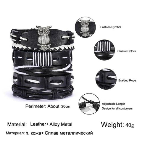 4PCS/SET Vintage Leaf Pendant Rice Beads Adjustable Rope Chain Bracelet Punk Braided Wrap Wristbands For Men Fashion Jewelry