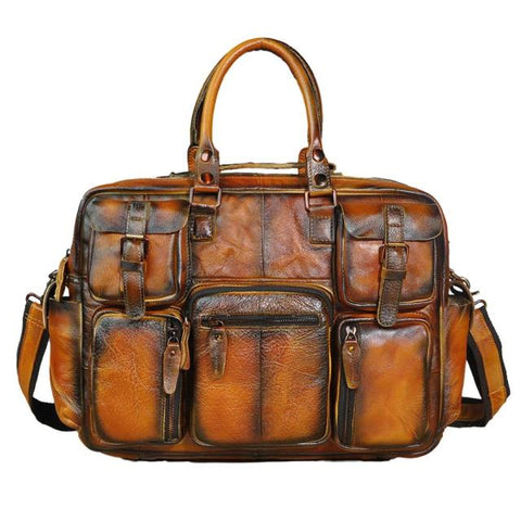 Men Real Leather Antique Large Capacity Travel Briefcase Business 15.6&quot; Laptop Case Attache Messenger Bag Portfolio 3061-b