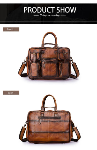 Men Real Leather Antique Large Capacity Travel Briefcase Business 15.6&quot; Laptop Case Attache Messenger Bag Portfolio 3061-b