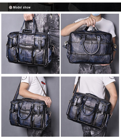 Men Real Leather Antique Large Capacity Travel Briefcase Business 15.6&quot; Laptop Case Attache Messenger Bag Portfolio 3061-b