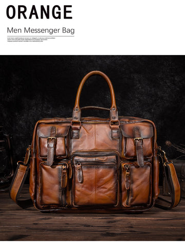 Men Real Leather Antique Large Capacity Travel Briefcase Business 15.6&quot; Laptop Case Attache Messenger Bag Portfolio 3061-b