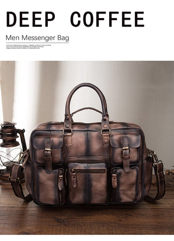 Men Real Leather Antique Large Capacity Travel Briefcase Business 15.6&quot; Laptop Case Attache Messenger Bag Portfolio 3061-b