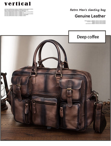 Men Real Leather Antique Large Capacity Travel Briefcase Business 15.6&quot; Laptop Case Attache Messenger Bag Portfolio 3061-b