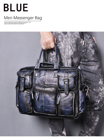 Men Real Leather Antique Large Capacity Travel Briefcase Business 15.6&quot; Laptop Case Attache Messenger Bag Portfolio 3061-b