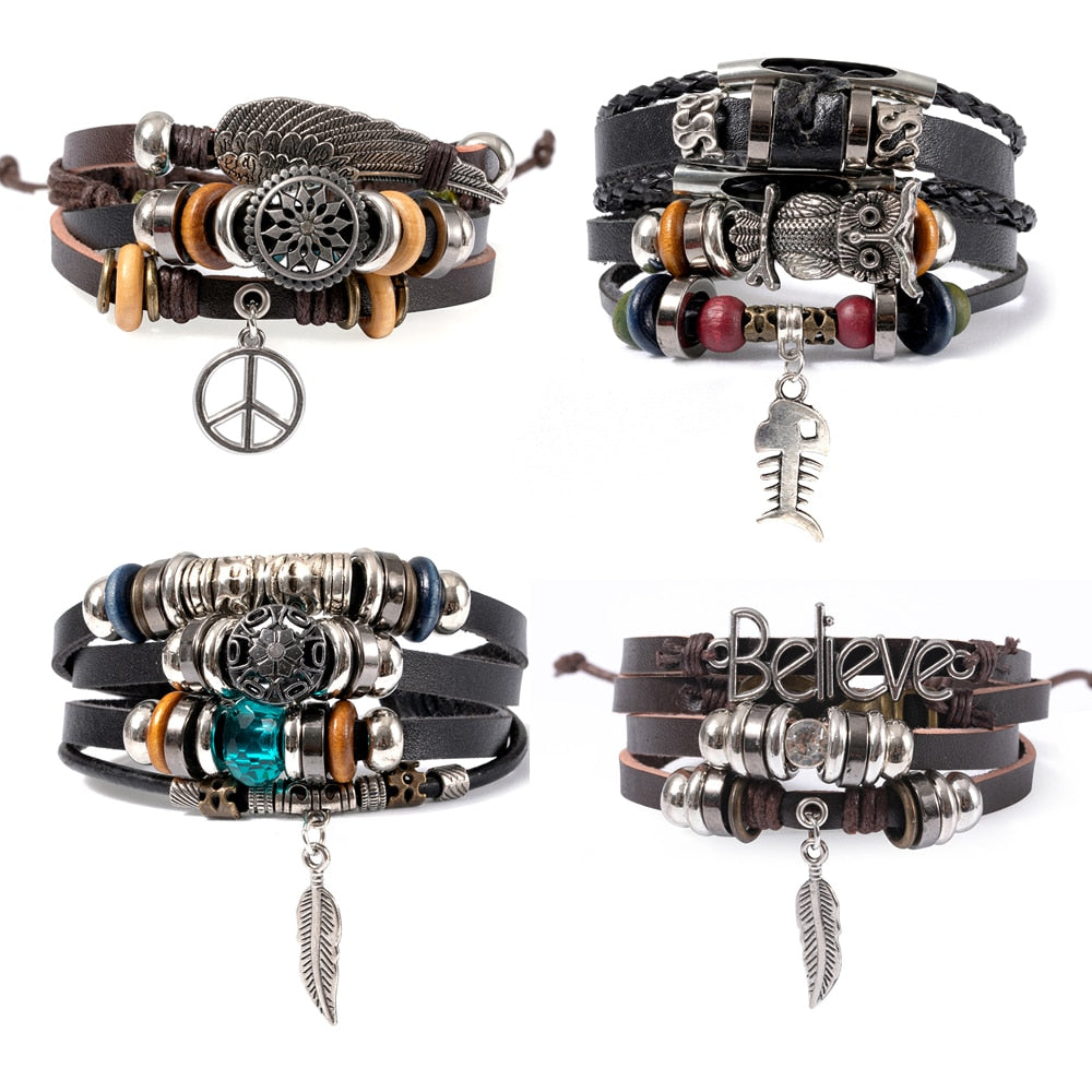 Eif Dock Boho Bracelet Vintage Multiple Layers Leather Bracelet Rope Chain Wrap Bracelet Set Charms Owl Bangles For Men Jewelry