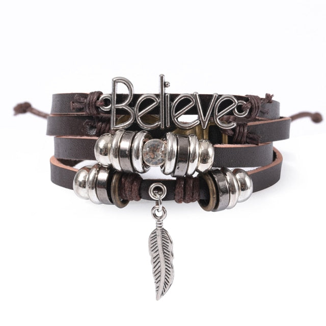 Eif Dock Boho Bracelet Vintage Multiple Layers Leather Bracelet Rope Chain Wrap Bracelet Set Charms Owl Bangles For Men Jewelry