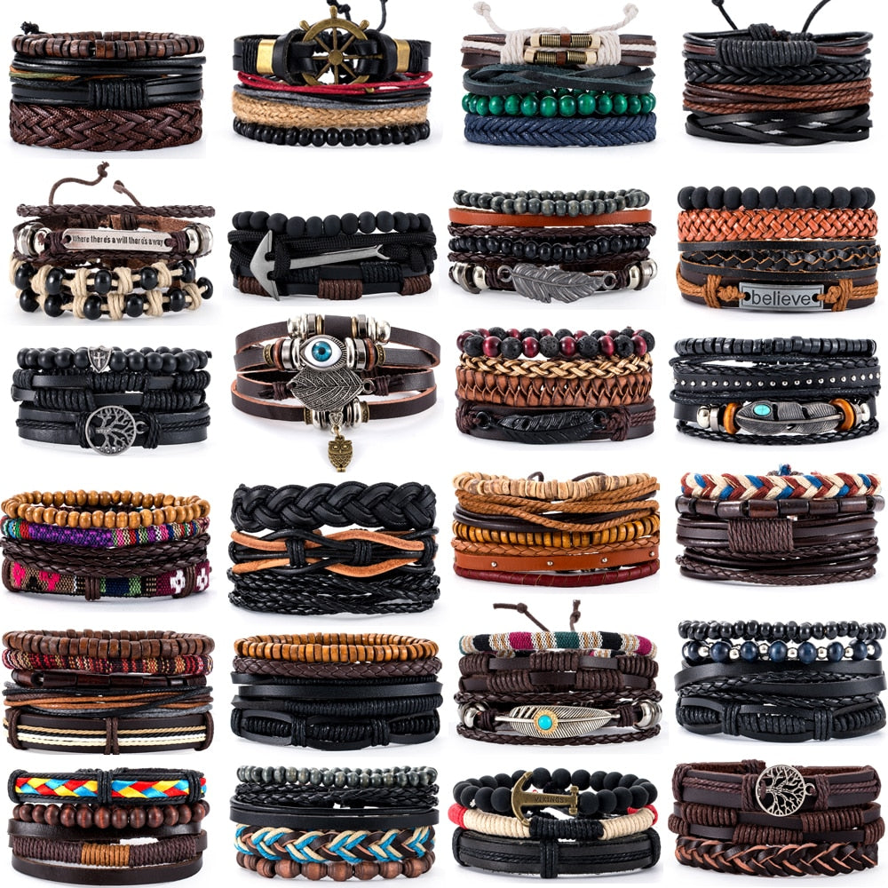 3-4pcs/Sets Vintage Anchor, Leaf, Owl Bracelets For Men Fashion Black Leather Bracelet & Bangles Multilayer Wide Wrap Jewelry