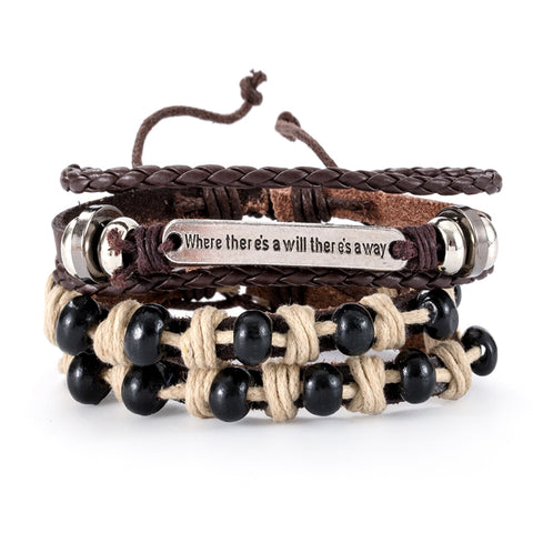 3-4pcs/Sets Vintage Anchor, Leaf, Owl Bracelets For Men Fashion Black Leather Bracelet & Bangles Multilayer Wide Wrap Jewelry