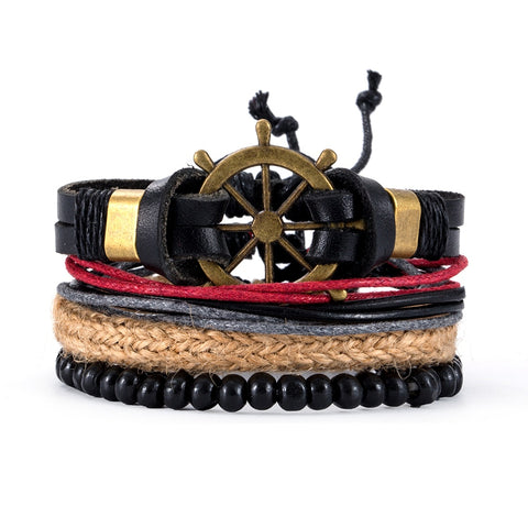 3-4pcs/Sets Vintage Anchor, Leaf, Owl Bracelets For Men Fashion Black Leather Bracelet & Bangles Multilayer Wide Wrap Jewelry