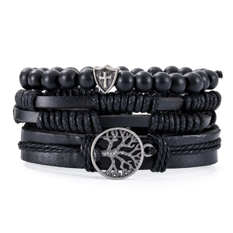 3-4pcs/Sets Vintage Anchor, Leaf, Owl Bracelets For Men Fashion Black Leather Bracelet & Bangles Multilayer Wide Wrap Jewelry