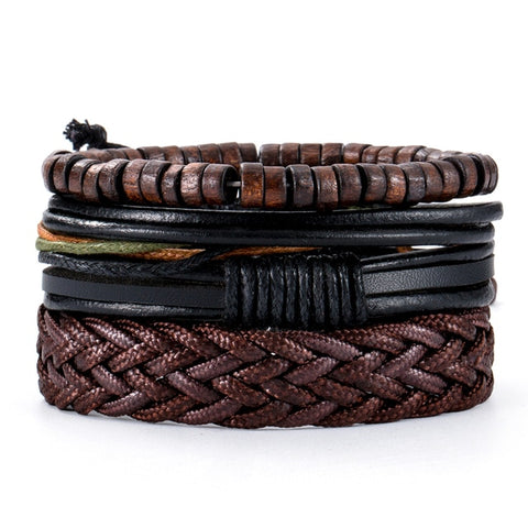 3-4pcs/Sets Vintage Anchor, Leaf, Owl Bracelets For Men Fashion Black Leather Bracelet & Bangles Multilayer Wide Wrap Jewelry