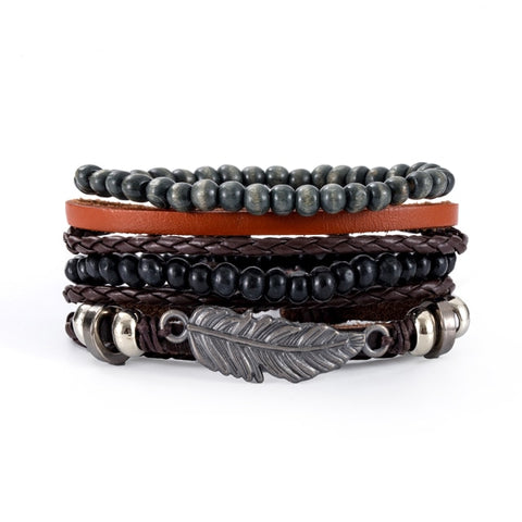 3-4pcs/Sets Vintage Anchor, Leaf, Owl Bracelets For Men Fashion Black Leather Bracelet & Bangles Multilayer Wide Wrap Jewelry