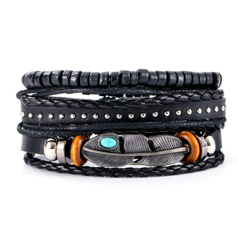 3-4pcs/Sets Vintage Anchor, Leaf, Owl Bracelets For Men Fashion Black Leather Bracelet & Bangles Multilayer Wide Wrap Jewelry