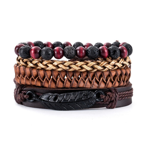 3-4pcs/Sets Vintage Anchor, Leaf, Owl Bracelets For Men Fashion Black Leather Bracelet & Bangles Multilayer Wide Wrap Jewelry