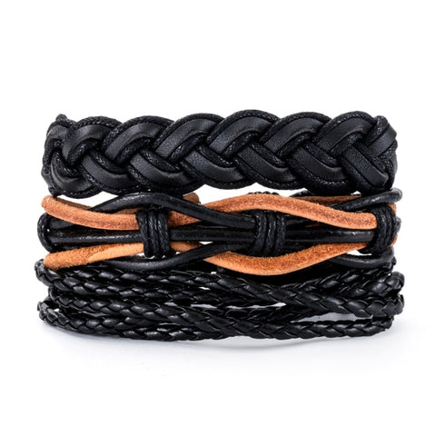 3-4pcs/Sets Vintage Anchor, Leaf, Owl Bracelets For Men Fashion Black Leather Bracelet & Bangles Multilayer Wide Wrap Jewelry