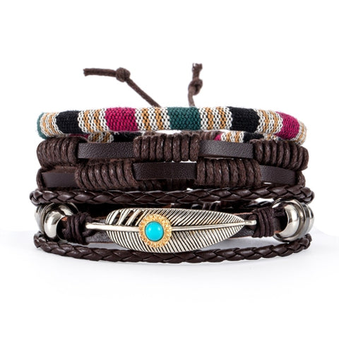 3-4pcs/Sets Vintage Anchor, Leaf, Owl Bracelets For Men Fashion Black Leather Bracelet & Bangles Multilayer Wide Wrap Jewelry