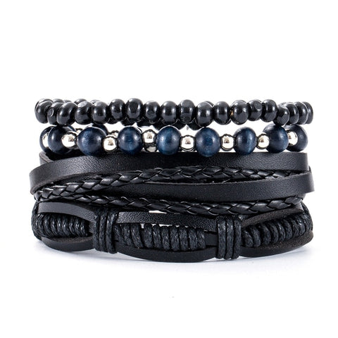 3-4pcs/Sets Vintage Anchor, Leaf, Owl Bracelets For Men Fashion Black Leather Bracelet & Bangles Multilayer Wide Wrap Jewelry