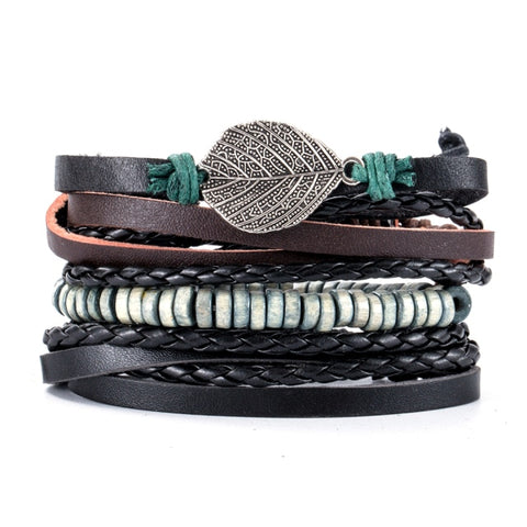 3-4pcs/Sets Vintage Anchor, Leaf, Owl Bracelets For Men Fashion Black Leather Bracelet & Bangles Multilayer Wide Wrap Jewelry