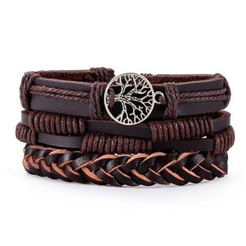 3-4pcs/Sets Vintage Anchor, Leaf, Owl Bracelets For Men Fashion Black Leather Bracelet & Bangles Multilayer Wide Wrap Jewelry