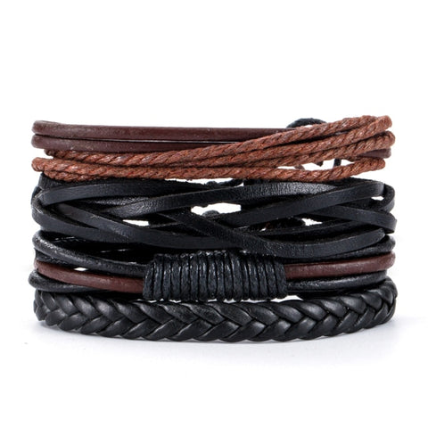 3-4pcs/Sets Vintage Anchor, Leaf, Owl Bracelets For Men Fashion Black Leather Bracelet & Bangles Multilayer Wide Wrap Jewelry