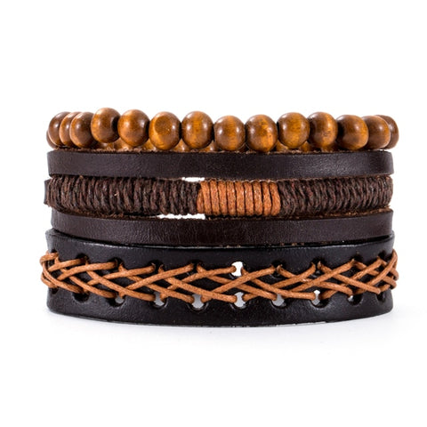 3-4pcs/Sets Vintage Anchor, Leaf, Owl Bracelets For Men Fashion Black Leather Bracelet & Bangles Multilayer Wide Wrap Jewelry