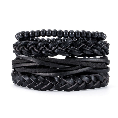 3-4pcs/Sets Vintage Anchor, Leaf, Owl Bracelets For Men Fashion Black Leather Bracelet & Bangles Multilayer Wide Wrap Jewelry