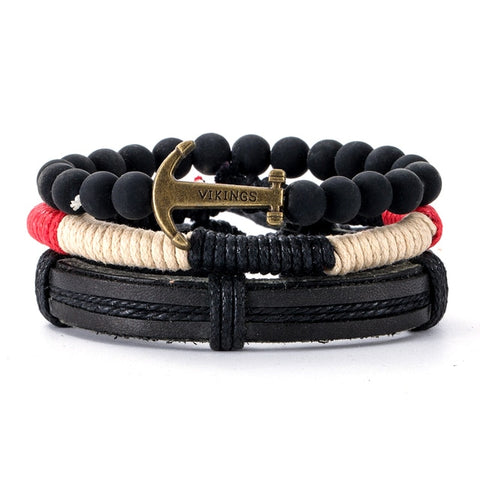 3-4pcs/Sets Vintage Anchor, Leaf, Owl Bracelets For Men Fashion Black Leather Bracelet & Bangles Multilayer Wide Wrap Jewelry