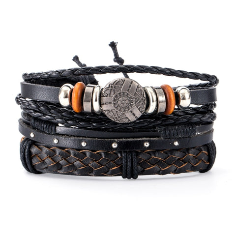 3-4pcs/Sets Vintage Anchor, Leaf, Owl Bracelets For Men Fashion Black Leather Bracelet & Bangles Multilayer Wide Wrap Jewelry