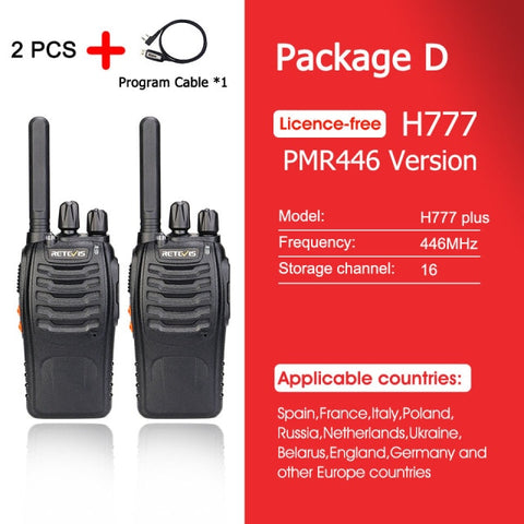 Walkie talkie Retevis H777 Plus PMR 446 Walkie-Talkies 1 or 2 pcs Handy Two-Way Radio FRS PTT Radio For Hunting Hotel Restaurant