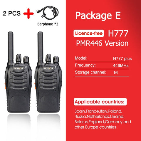 Walkie talkie Retevis H777 Plus PMR 446 Walkie-Talkies 1 or 2 pcs Handy Two-Way Radio FRS PTT Radio For Hunting Hotel Restaurant